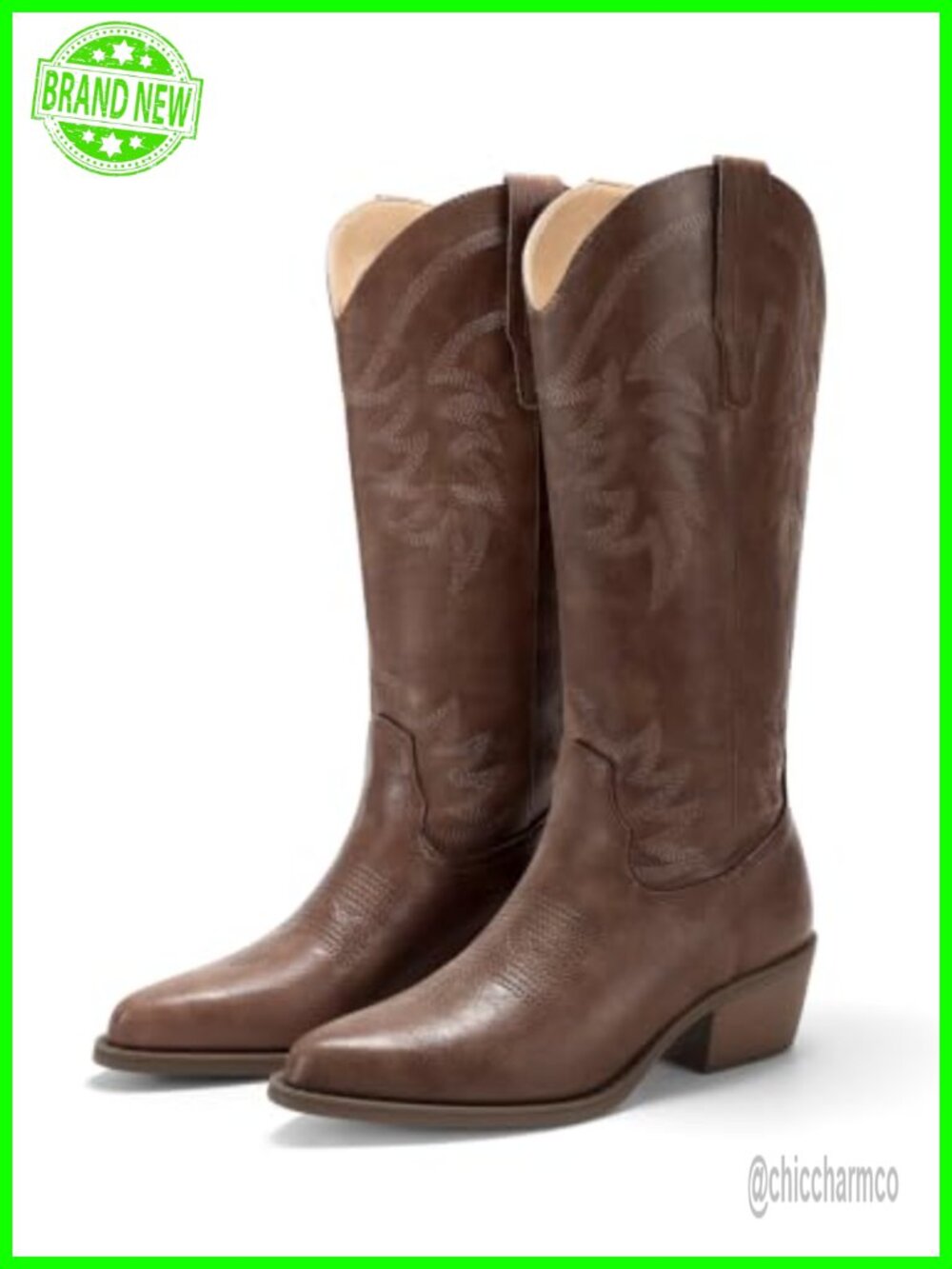 Womens Mid Calf Western Cowboy Boots Faux Leather Pointed Toe Block Heel